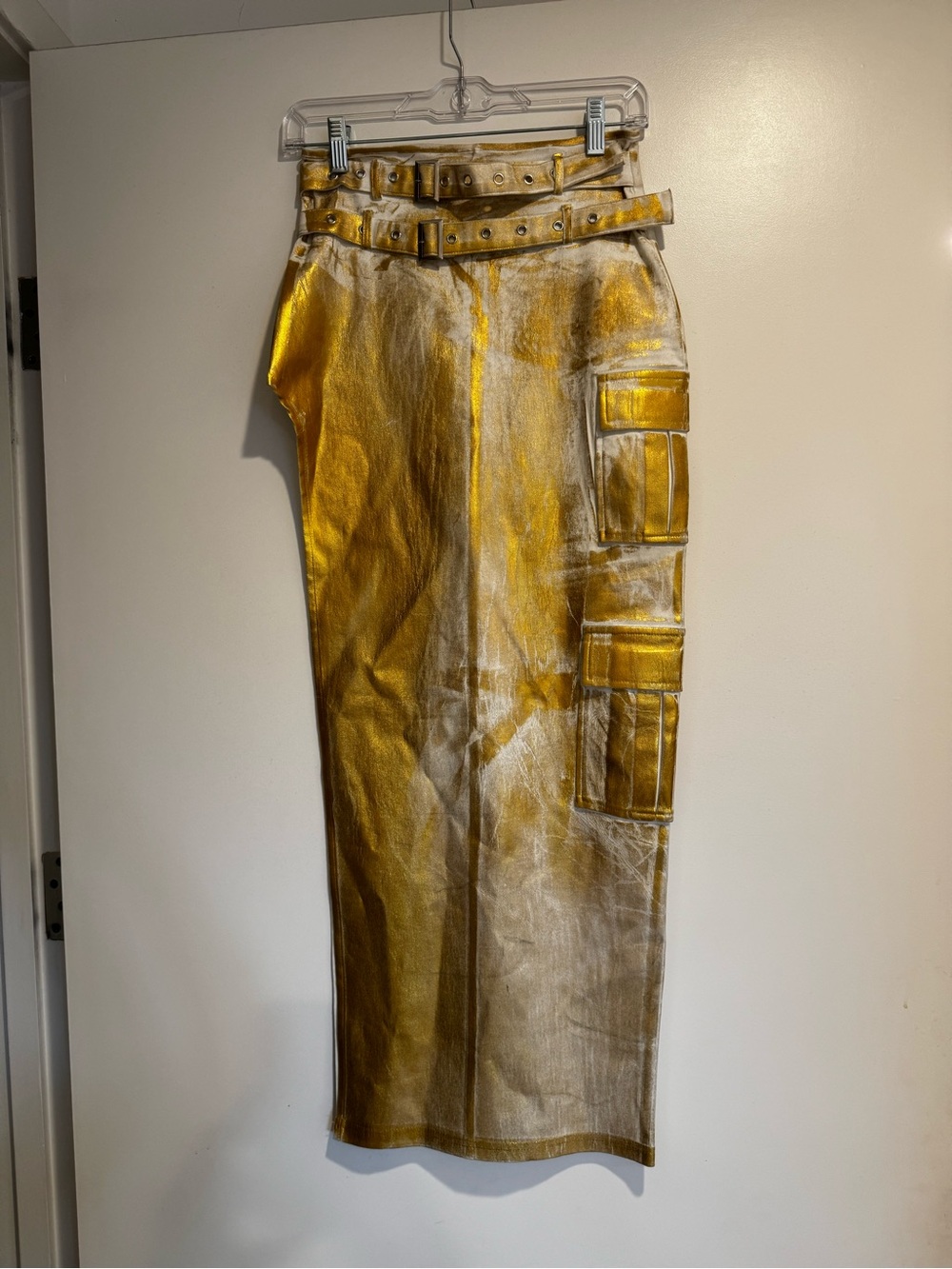 Metallic Gold Cargo Maxi Skirt with Double Belt